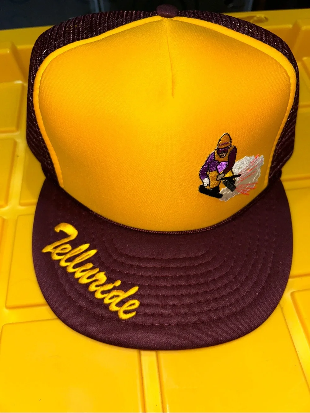 New! Vintage burgundy/gold trucker hat with Telluride ski patches